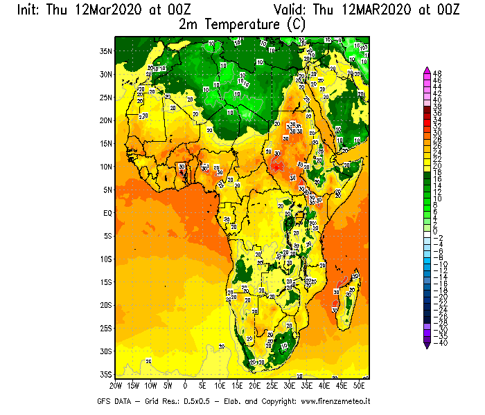 Mappa di analisi GFS - Temperatura a 2 metri dal suolo [°C] in Africa
							del 12/03/2020 00 <!--googleoff: index-->UTC<!--googleon: index-->