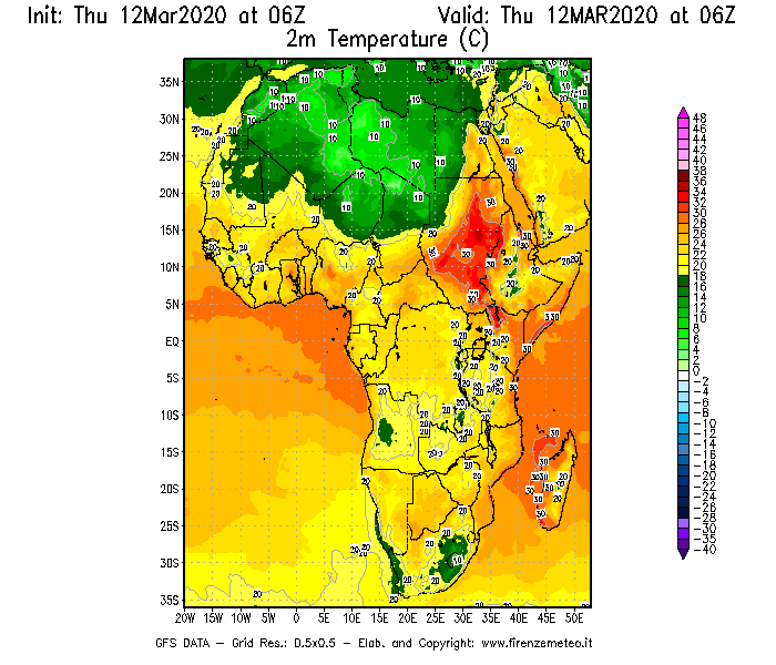 Mappa di analisi GFS - Temperatura a 2 metri dal suolo [°C] in Africa
							del 12/03/2020 06 <!--googleoff: index-->UTC<!--googleon: index-->