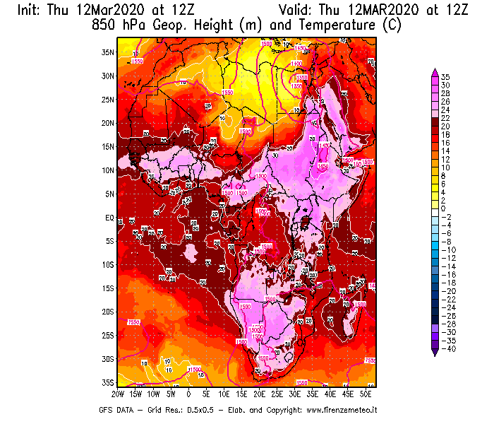Mappa di analisi GFS - Geopotenziale [m] e Temperatura [°C] a 850 hPa in Africa
							del 12/03/2020 12 <!--googleoff: index-->UTC<!--googleon: index-->