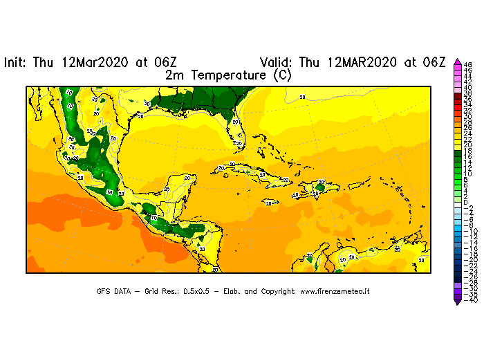 Mappa di analisi GFS - Temperatura a 2 metri dal suolo [°C] in Centro-America
							del 12/03/2020 06 <!--googleoff: index-->UTC<!--googleon: index-->