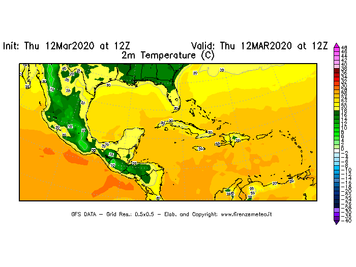 Mappa di analisi GFS - Temperatura a 2 metri dal suolo [°C] in Centro-America
							del 12/03/2020 12 <!--googleoff: index-->UTC<!--googleon: index-->