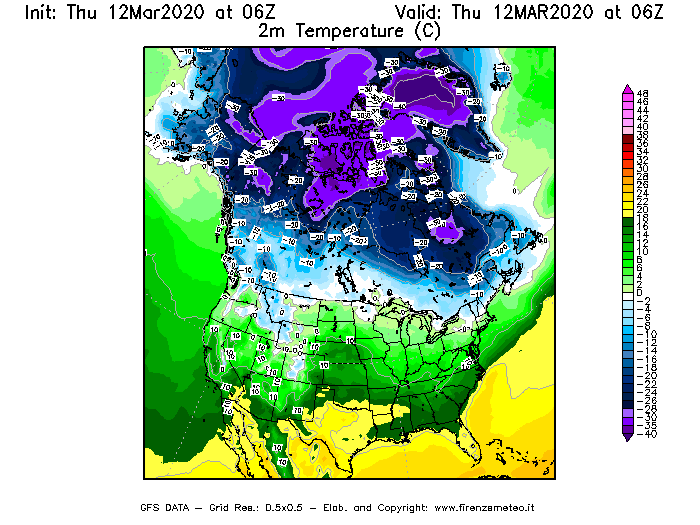 Mappa di analisi GFS - Temperatura a 2 metri dal suolo [°C] in Nord-America
							del 12/03/2020 06 <!--googleoff: index-->UTC<!--googleon: index-->