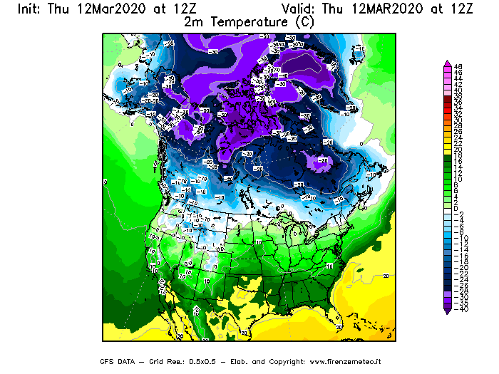 Mappa di analisi GFS - Temperatura a 2 metri dal suolo [°C] in Nord-America
							del 12/03/2020 12 <!--googleoff: index-->UTC<!--googleon: index-->