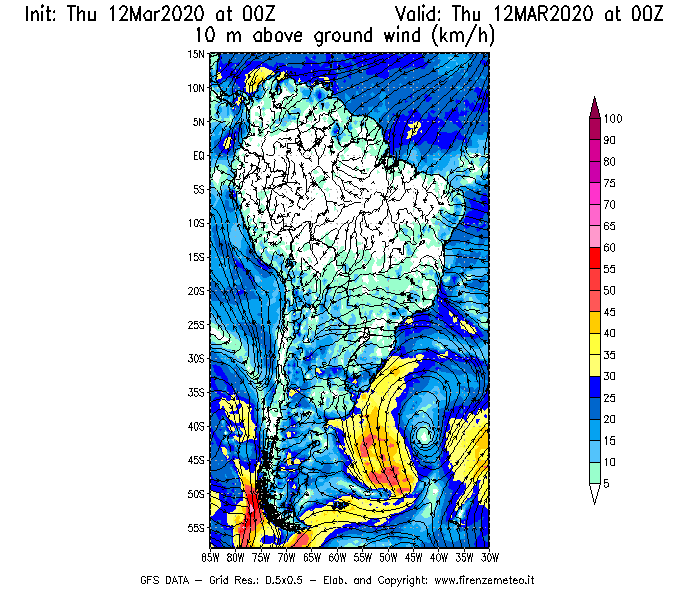Mappa di analisi GFS - Velocità del vento a 10 metri dal suolo [km/h] in Sud-America
							del 12/03/2020 00 <!--googleoff: index-->UTC<!--googleon: index-->