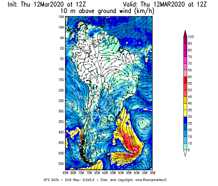 Mappa di analisi GFS - Velocità del vento a 10 metri dal suolo [km/h] in Sud-America
							del 12/03/2020 12 <!--googleoff: index-->UTC<!--googleon: index-->