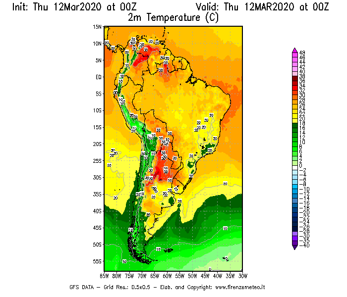 Mappa di analisi GFS - Temperatura a 2 metri dal suolo [°C] in Sud-America
							del 12/03/2020 00 <!--googleoff: index-->UTC<!--googleon: index-->