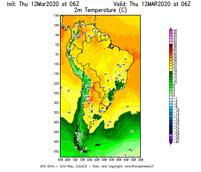 Mappa di analisi GFS - Temperatura a 2 metri dal suolo [°C] in Sud-America
							del 12/03/2020 06 <!--googleoff: index-->UTC<!--googleon: index-->