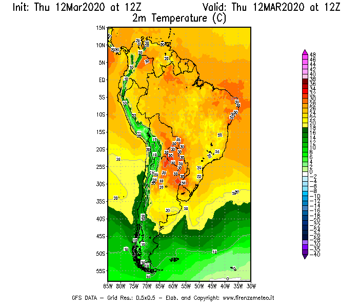 Mappa di analisi GFS - Temperatura a 2 metri dal suolo [°C] in Sud-America
							del 12/03/2020 12 <!--googleoff: index-->UTC<!--googleon: index-->