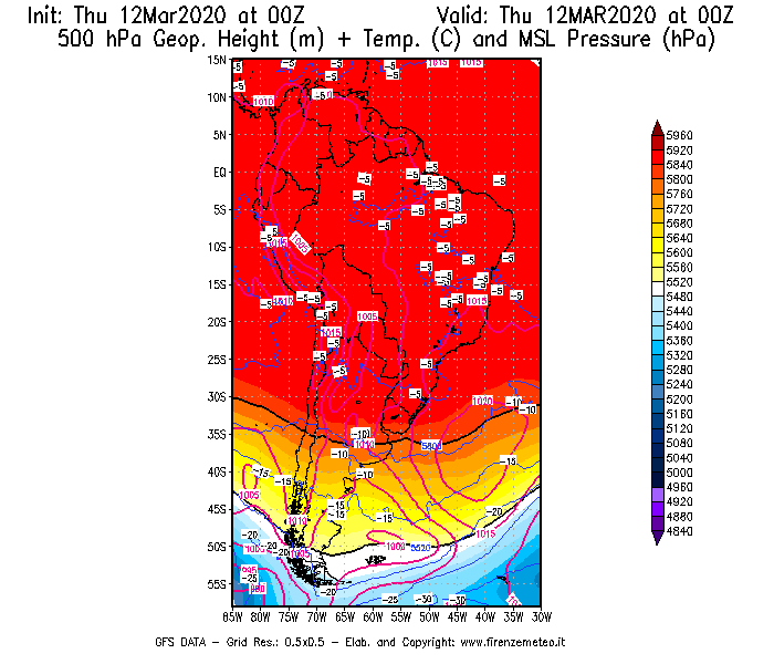 Mappa di analisi GFS - Geopotenziale [m] + Temp. [°C] a 500 hPa + Press. a livello del mare [hPa] in Sud-America
							del 12/03/2020 00 <!--googleoff: index-->UTC<!--googleon: index-->