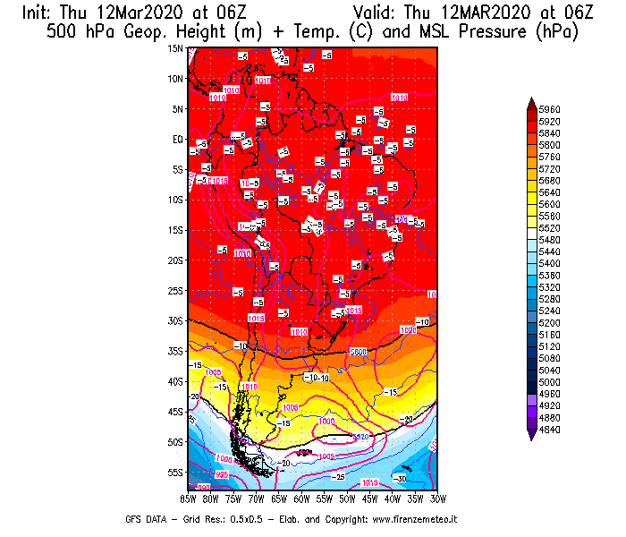 Mappa di analisi GFS - Geopotenziale [m] + Temp. [°C] a 500 hPa + Press. a livello del mare [hPa] in Sud-America
							del 12/03/2020 06 <!--googleoff: index-->UTC<!--googleon: index-->