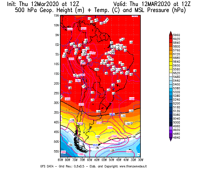 Mappa di analisi GFS - Geopotenziale [m] + Temp. [°C] a 500 hPa + Press. a livello del mare [hPa] in Sud-America
							del 12/03/2020 12 <!--googleoff: index-->UTC<!--googleon: index-->