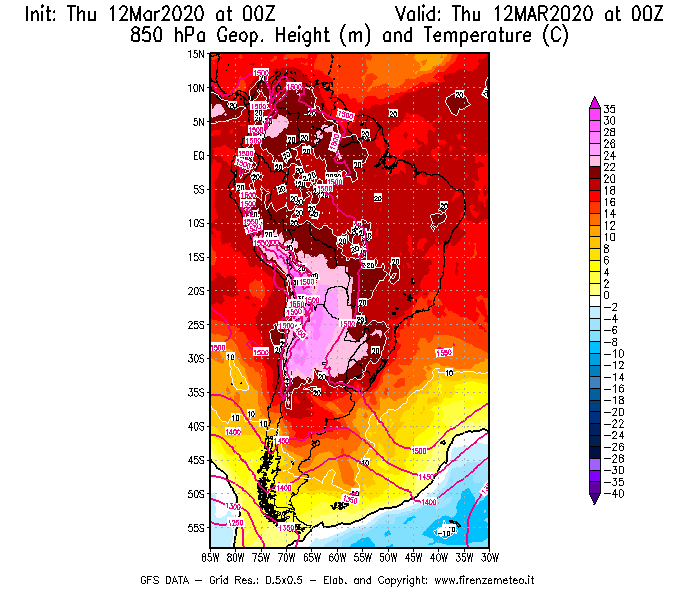 Mappa di analisi GFS - Geopotenziale [m] e Temperatura [°C] a 850 hPa in Sud-America
							del 12/03/2020 00 <!--googleoff: index-->UTC<!--googleon: index-->