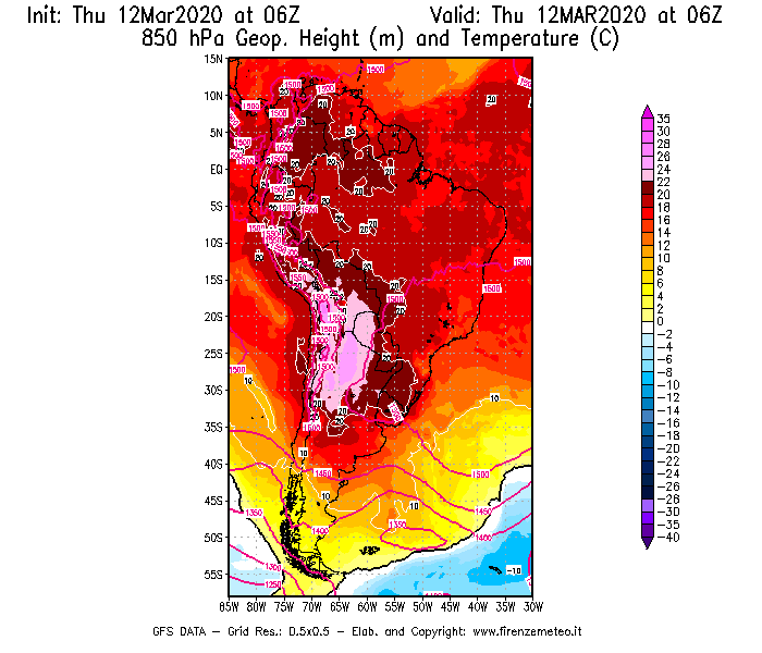 Mappa di analisi GFS - Geopotenziale [m] e Temperatura [°C] a 850 hPa in Sud-America
							del 12/03/2020 06 <!--googleoff: index-->UTC<!--googleon: index-->