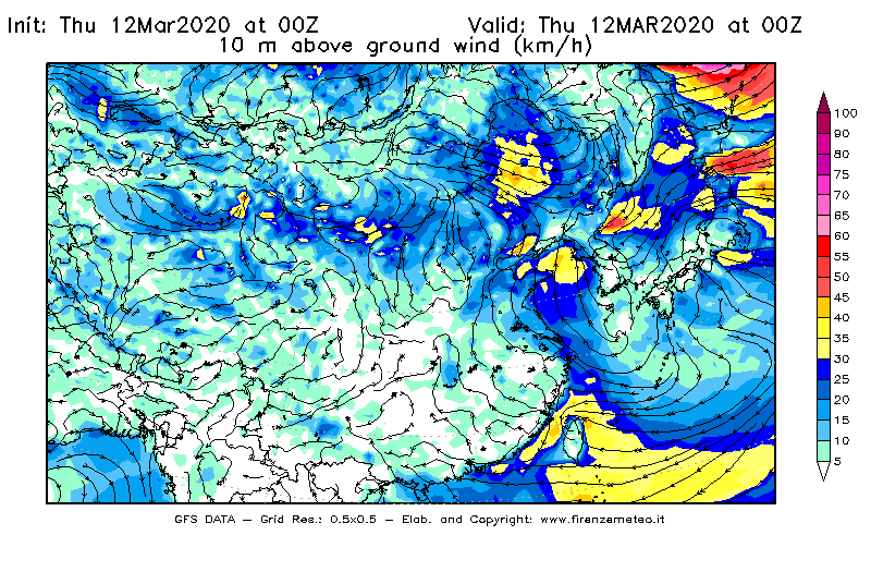 Mappa di analisi GFS - Velocità del vento a 10 metri dal suolo [km/h] in Asia Orientale
							del 12/03/2020 00 <!--googleoff: index-->UTC<!--googleon: index-->