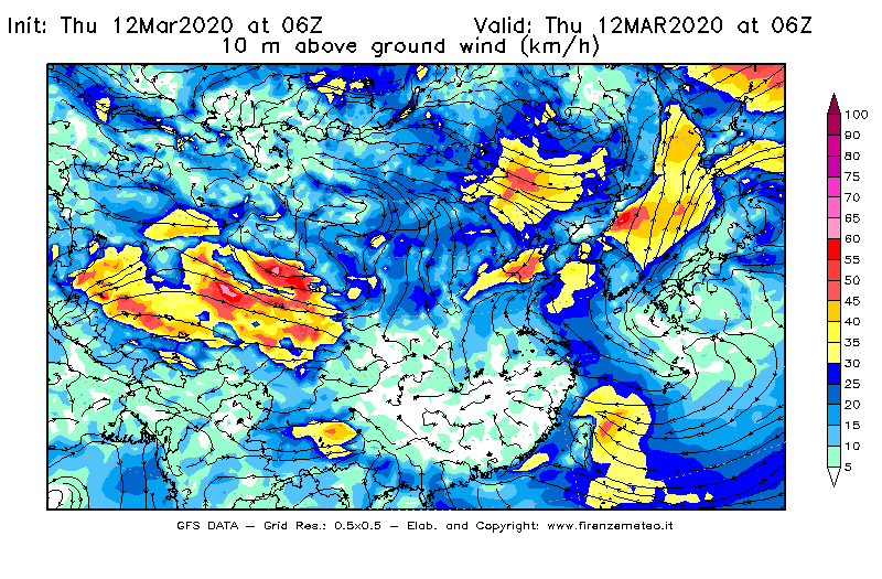 Mappa di analisi GFS - Velocità del vento a 10 metri dal suolo [km/h] in Asia Orientale
							del 12/03/2020 06 <!--googleoff: index-->UTC<!--googleon: index-->