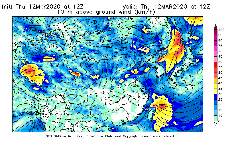 Mappa di analisi GFS - Velocità del vento a 10 metri dal suolo [km/h] in Asia Orientale
							del 12/03/2020 12 <!--googleoff: index-->UTC<!--googleon: index-->