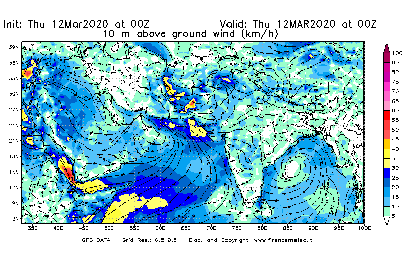 Mappa di analisi GFS - Velocità del vento a 10 metri dal suolo [km/h] in Asia Sud-Occidentale
							del 12/03/2020 00 <!--googleoff: index-->UTC<!--googleon: index-->