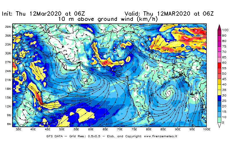 Mappa di analisi GFS - Velocità del vento a 10 metri dal suolo [km/h] in Asia Sud-Occidentale
							del 12/03/2020 06 <!--googleoff: index-->UTC<!--googleon: index-->