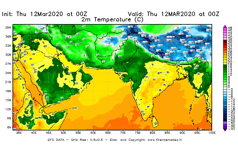 Mappa di analisi GFS - Temperatura a 2 metri dal suolo [°C] in Asia Sud-Occidentale
							del 12/03/2020 00 <!--googleoff: index-->UTC<!--googleon: index-->