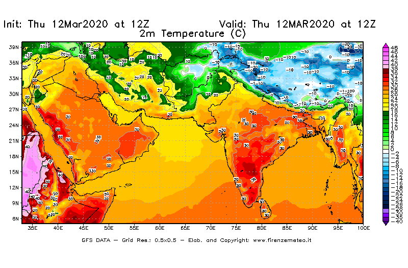 Mappa di analisi GFS - Temperatura a 2 metri dal suolo [°C] in Asia Sud-Occidentale
							del 12/03/2020 12 <!--googleoff: index-->UTC<!--googleon: index-->