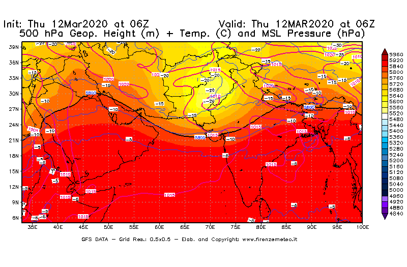 Mappa di analisi GFS - Geopotenziale [m] + Temp. [°C] a 500 hPa + Press. a livello del mare [hPa] in Asia Sud-Occidentale
							del 12/03/2020 06 <!--googleoff: index-->UTC<!--googleon: index-->