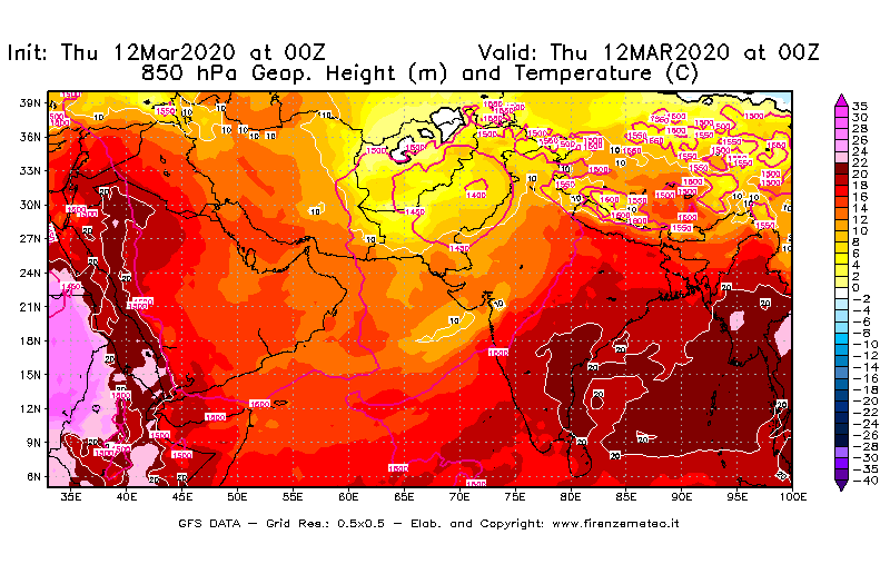 Mappa di analisi GFS - Geopotenziale [m] e Temperatura [°C] a 850 hPa in Asia Sud-Occidentale
							del 12/03/2020 00 <!--googleoff: index-->UTC<!--googleon: index-->