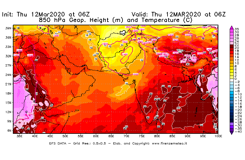 Mappa di analisi GFS - Geopotenziale [m] e Temperatura [°C] a 850 hPa in Asia Sud-Occidentale
							del 12/03/2020 06 <!--googleoff: index-->UTC<!--googleon: index-->