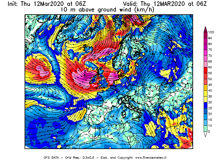 Mappa di analisi GFS - Velocità del vento a 10 metri dal suolo [km/h] in Europa
							del 12/03/2020 06 <!--googleoff: index-->UTC<!--googleon: index-->