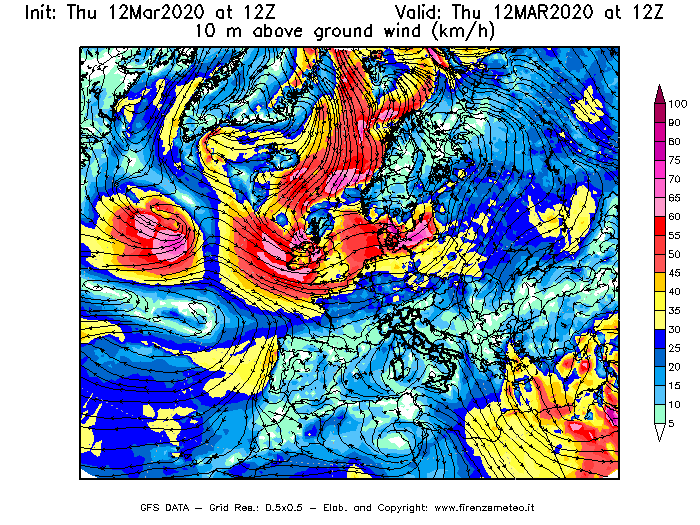 Mappa di analisi GFS - Velocità del vento a 10 metri dal suolo [km/h] in Europa
							del 12/03/2020 12 <!--googleoff: index-->UTC<!--googleon: index-->