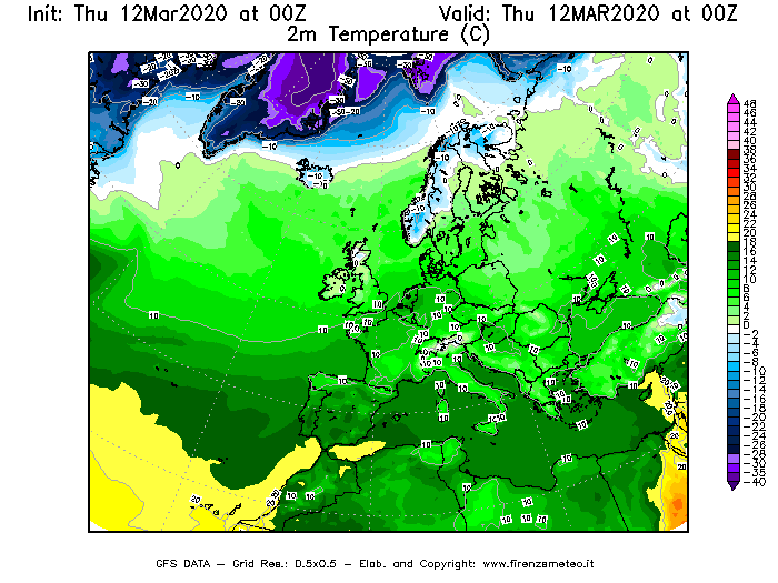 Mappa di analisi GFS - Temperatura a 2 metri dal suolo [°C] in Europa
							del 12/03/2020 00 <!--googleoff: index-->UTC<!--googleon: index-->