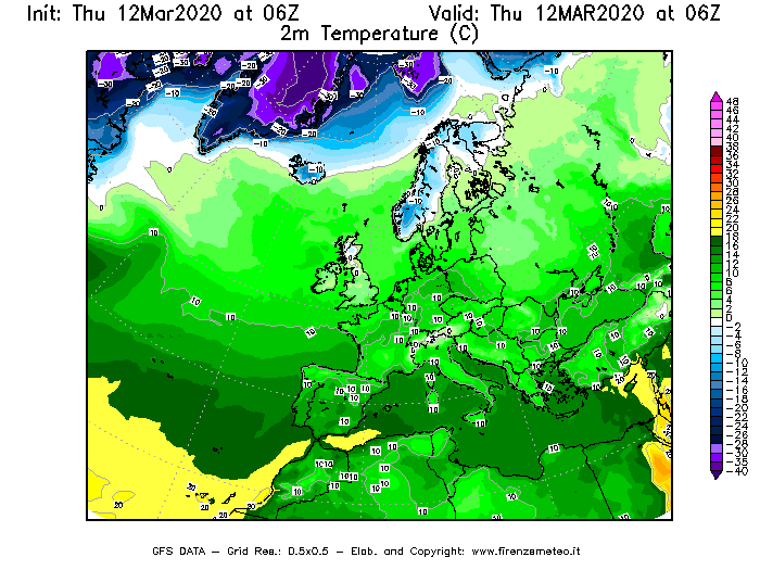 Mappa di analisi GFS - Temperatura a 2 metri dal suolo [°C] in Europa
							del 12/03/2020 06 <!--googleoff: index-->UTC<!--googleon: index-->
