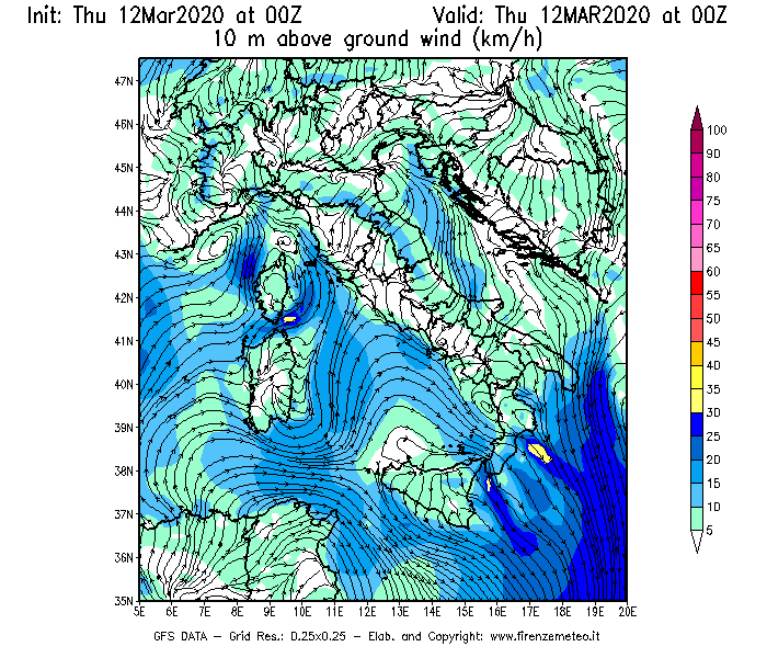 Mappa di analisi GFS - Velocità del vento a 10 metri dal suolo [km/h] in Italia
							del 12/03/2020 00 <!--googleoff: index-->UTC<!--googleon: index-->
