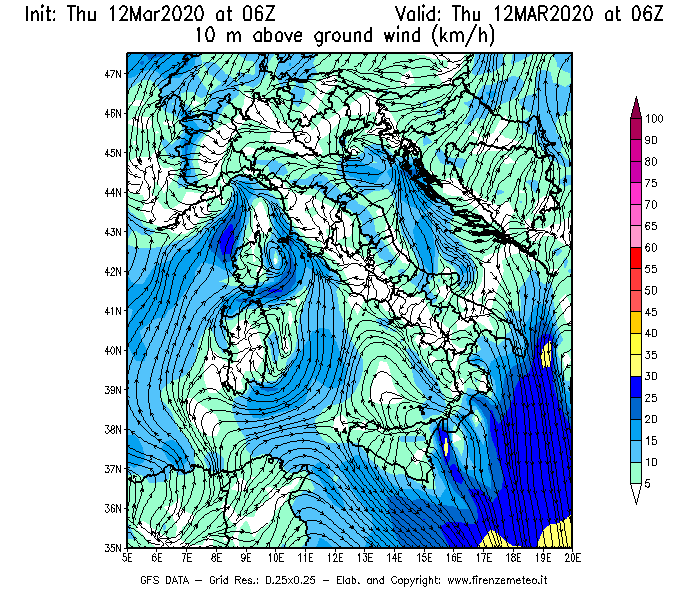 Mappa di analisi GFS - Velocità del vento a 10 metri dal suolo [km/h] in Italia
							del 12/03/2020 06 <!--googleoff: index-->UTC<!--googleon: index-->