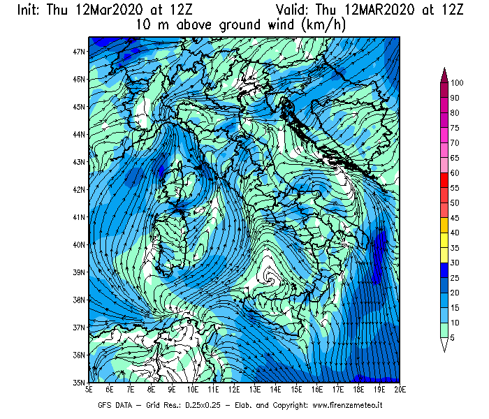 Mappa di analisi GFS - Velocità del vento a 10 metri dal suolo [km/h] in Italia
							del 12/03/2020 12 <!--googleoff: index-->UTC<!--googleon: index-->