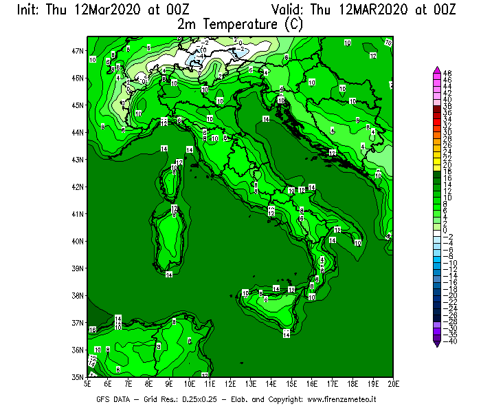 Mappa di analisi GFS - Temperatura a 2 metri dal suolo [°C] in Italia
							del 12/03/2020 00 <!--googleoff: index-->UTC<!--googleon: index-->