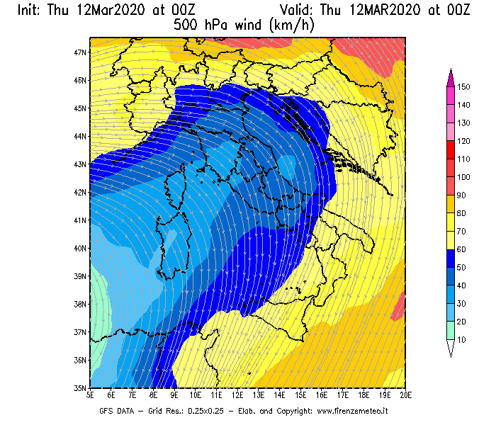Mappa di analisi GFS - Velocità del vento a 500 hPa [km/h] in Italia
							del 12/03/2020 00 <!--googleoff: index-->UTC<!--googleon: index-->