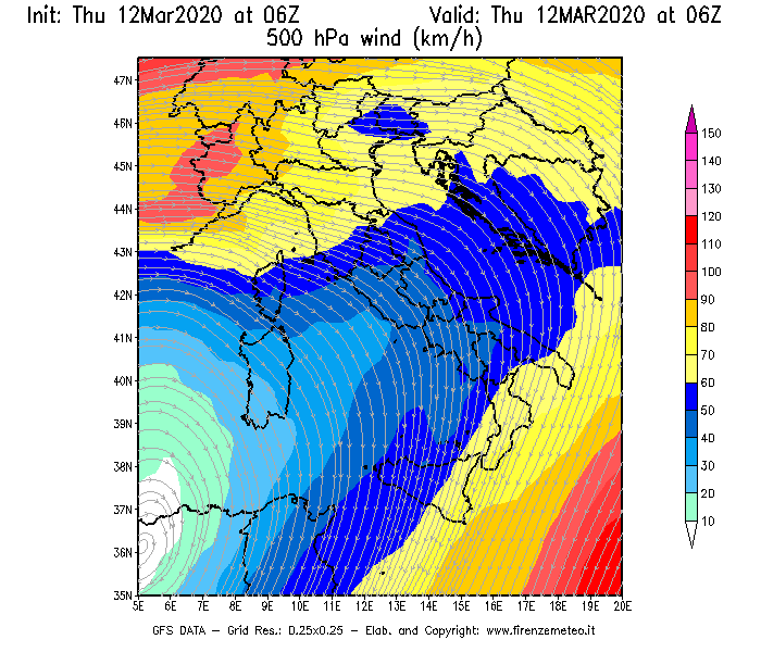 Mappa di analisi GFS - Velocità del vento a 500 hPa [km/h] in Italia
							del 12/03/2020 06 <!--googleoff: index-->UTC<!--googleon: index-->