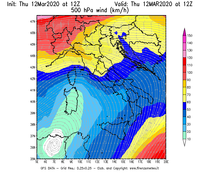 Mappa di analisi GFS - Velocità del vento a 500 hPa [km/h] in Italia
							del 12/03/2020 12 <!--googleoff: index-->UTC<!--googleon: index-->