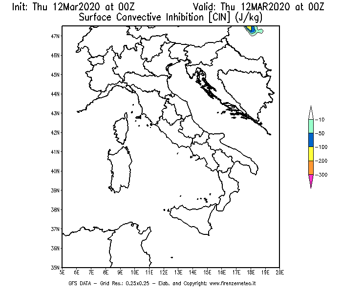Mappa di analisi GFS - CIN [J/kg] in Italia
							del 12/03/2020 00 <!--googleoff: index-->UTC<!--googleon: index-->