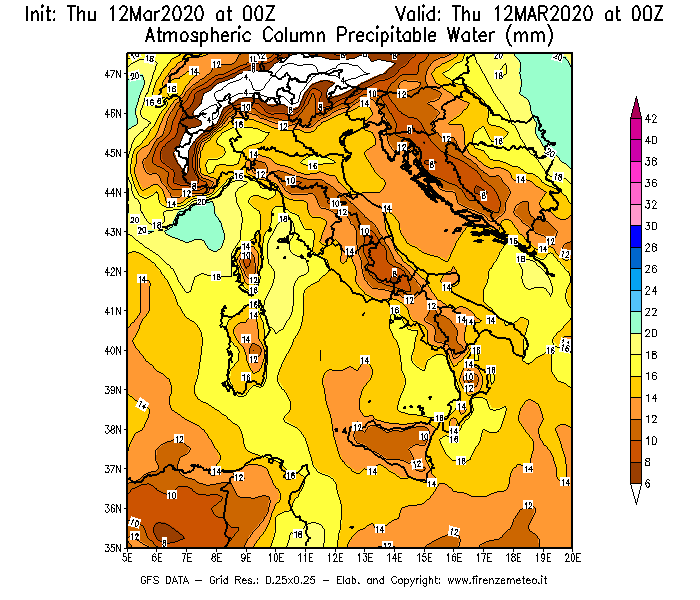 Mappa di analisi GFS - Precipitable Water [mm] in Italia
							del 12/03/2020 00 <!--googleoff: index-->UTC<!--googleon: index-->