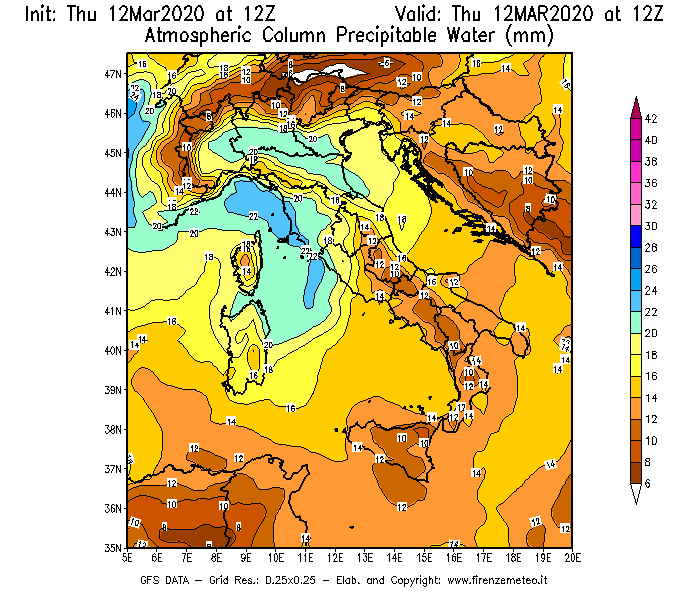Mappa di analisi GFS - Precipitable Water [mm] in Italia
							del 12/03/2020 12 <!--googleoff: index-->UTC<!--googleon: index-->