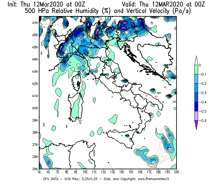 Mappa di analisi GFS - Umidità relativa [%] e Omega [Pa/s] a 500 hPa in Italia
							del 12/03/2020 00 <!--googleoff: index-->UTC<!--googleon: index-->