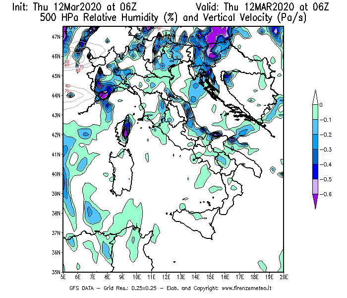Mappa di analisi GFS - Umidità relativa [%] e Omega [Pa/s] a 500 hPa in Italia
							del 12/03/2020 06 <!--googleoff: index-->UTC<!--googleon: index-->