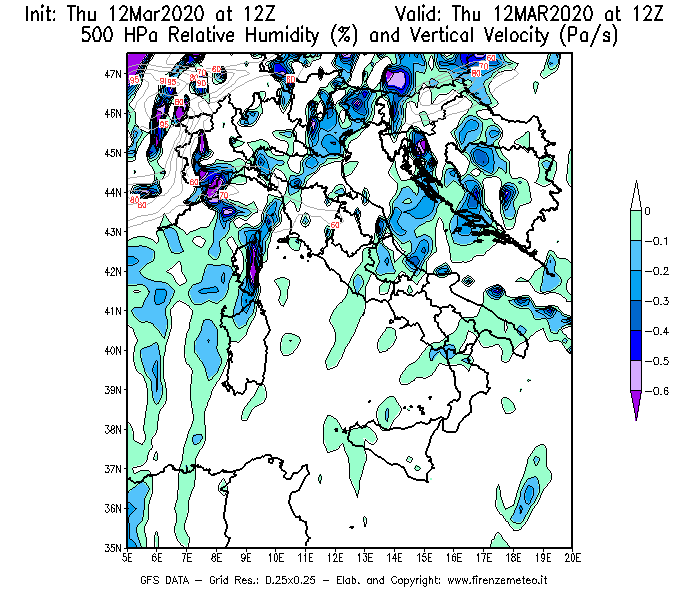Mappa di analisi GFS - Umidità relativa [%] e Omega [Pa/s] a 500 hPa in Italia
							del 12/03/2020 12 <!--googleoff: index-->UTC<!--googleon: index-->