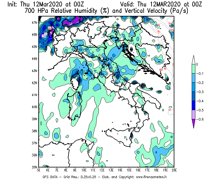 Mappa di analisi GFS - Umidità relativa [%] e Omega [Pa/s] a 700 hPa in Italia
							del 12/03/2020 00 <!--googleoff: index-->UTC<!--googleon: index-->