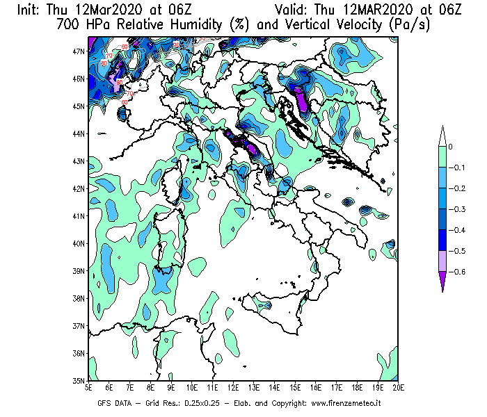 Mappa di analisi GFS - Umidità relativa [%] e Omega [Pa/s] a 700 hPa in Italia
							del 12/03/2020 06 <!--googleoff: index-->UTC<!--googleon: index-->