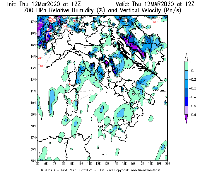 Mappa di analisi GFS - Umidità relativa [%] e Omega [Pa/s] a 700 hPa in Italia
							del 12/03/2020 12 <!--googleoff: index-->UTC<!--googleon: index-->