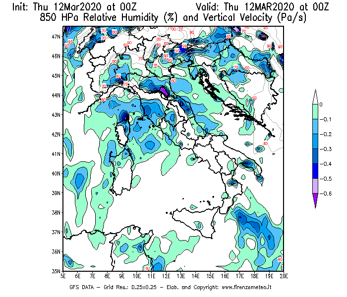 Mappa di analisi GFS - Umidità relativa [%] e Omega [Pa/s] a 850 hPa in Italia
							del 12/03/2020 00 <!--googleoff: index-->UTC<!--googleon: index-->