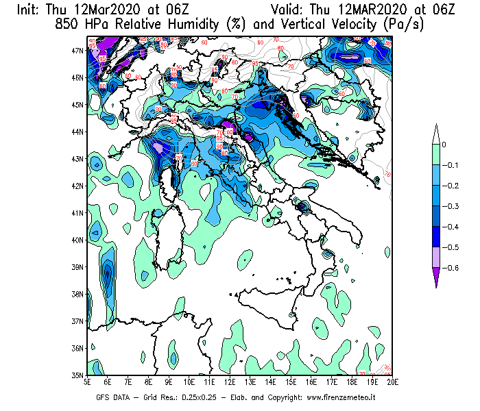 Mappa di analisi GFS - Umidità relativa [%] e Omega [Pa/s] a 850 hPa in Italia
							del 12/03/2020 06 <!--googleoff: index-->UTC<!--googleon: index-->
