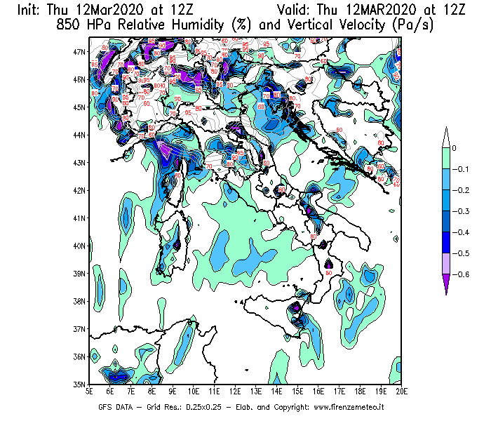 Mappa di analisi GFS - Umidità relativa [%] e Omega [Pa/s] a 850 hPa in Italia
							del 12/03/2020 12 <!--googleoff: index-->UTC<!--googleon: index-->